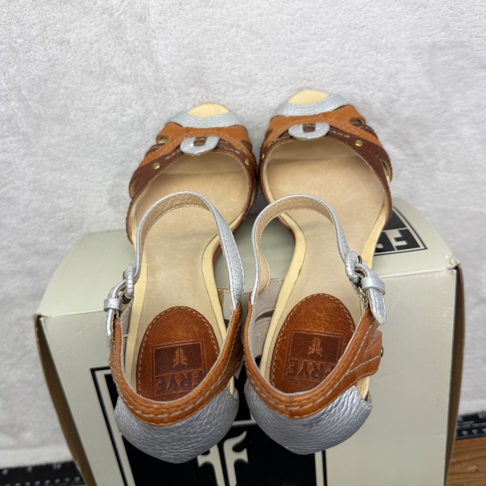 FRYE Agnes Woven Leather Silver Brown Peep Toe Heel Sandals Sz 6.5M MSRP $198 - Picture 10 of 10